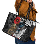 Kiwi-Tui Bird Soldier ANZAC Day Personalised Leather Tote Bag Maori Silver Fern Motif