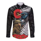 Kiwi-Tui Bird Soldier ANZAC Day Personalised Long Sleeve Button Shirt Maori Silver Fern Motif