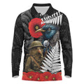 Kiwi-Tui Bird Soldier ANZAC Day Personalised Long Sleeve Polo Shirt Maori Silver Fern Motif
