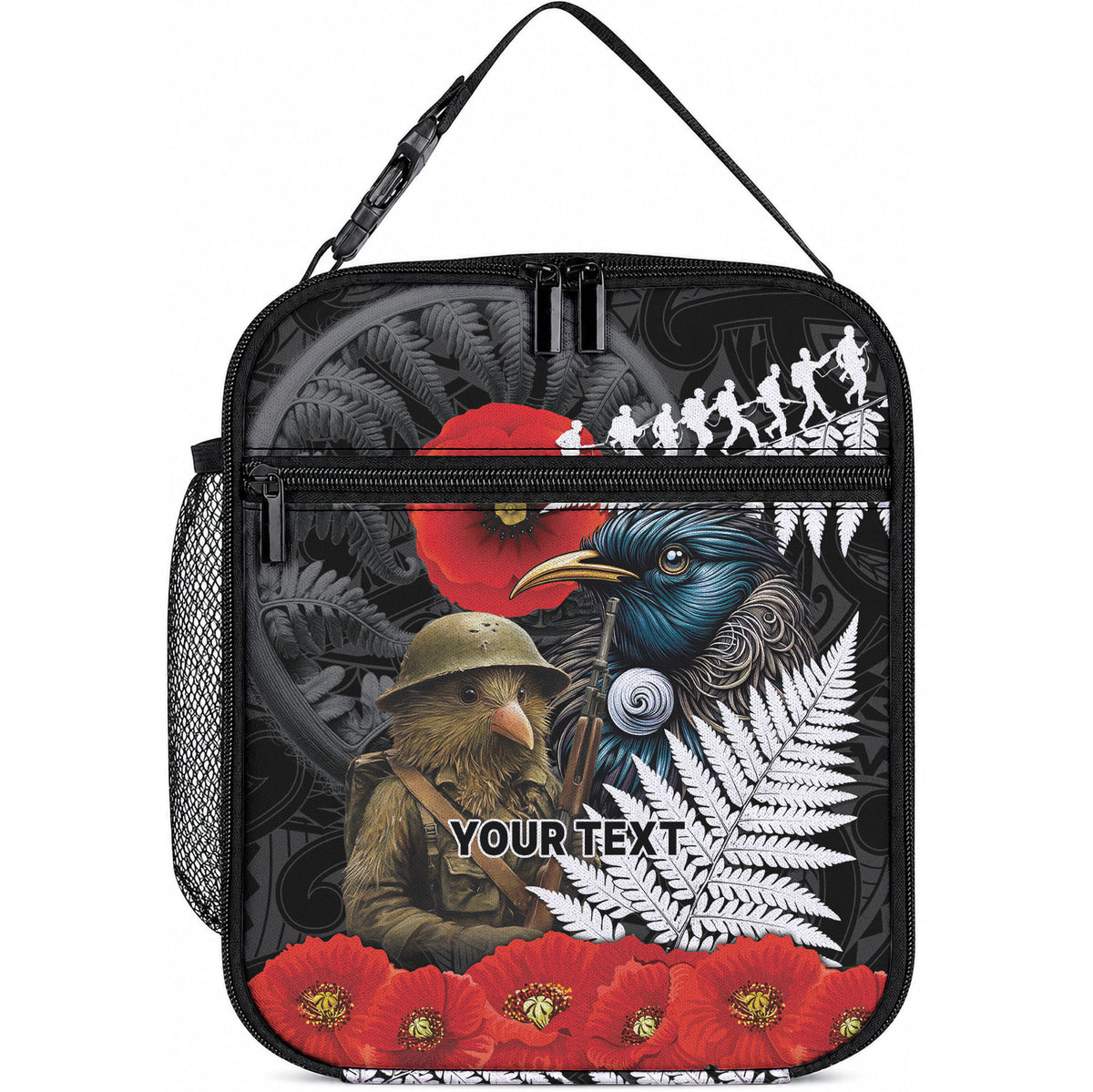 Kiwi-Tui Bird Soldier ANZAC Day Personalised Lunch Bag Maori Silver Fern Motif