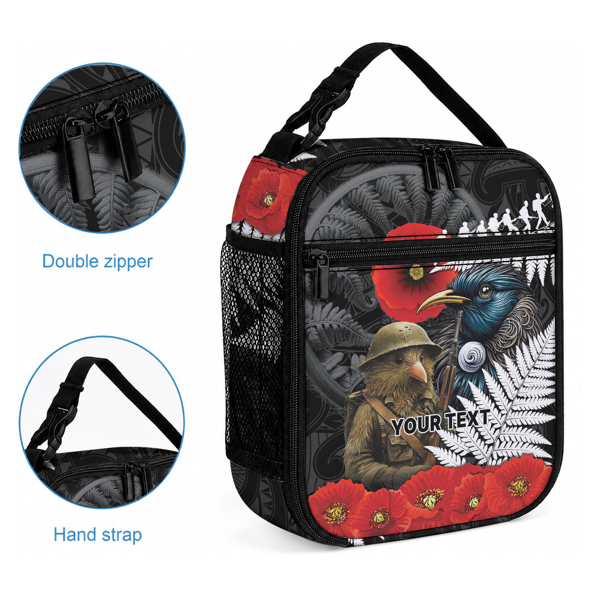 Kiwi-Tui Bird Soldier ANZAC Day Personalised Lunch Bag Maori Silver Fern Motif
