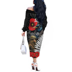 Kiwi-Tui Bird Soldier ANZAC Day Personalised Off The Shoulder Long Sleeve Dress Maori Silver Fern Motif