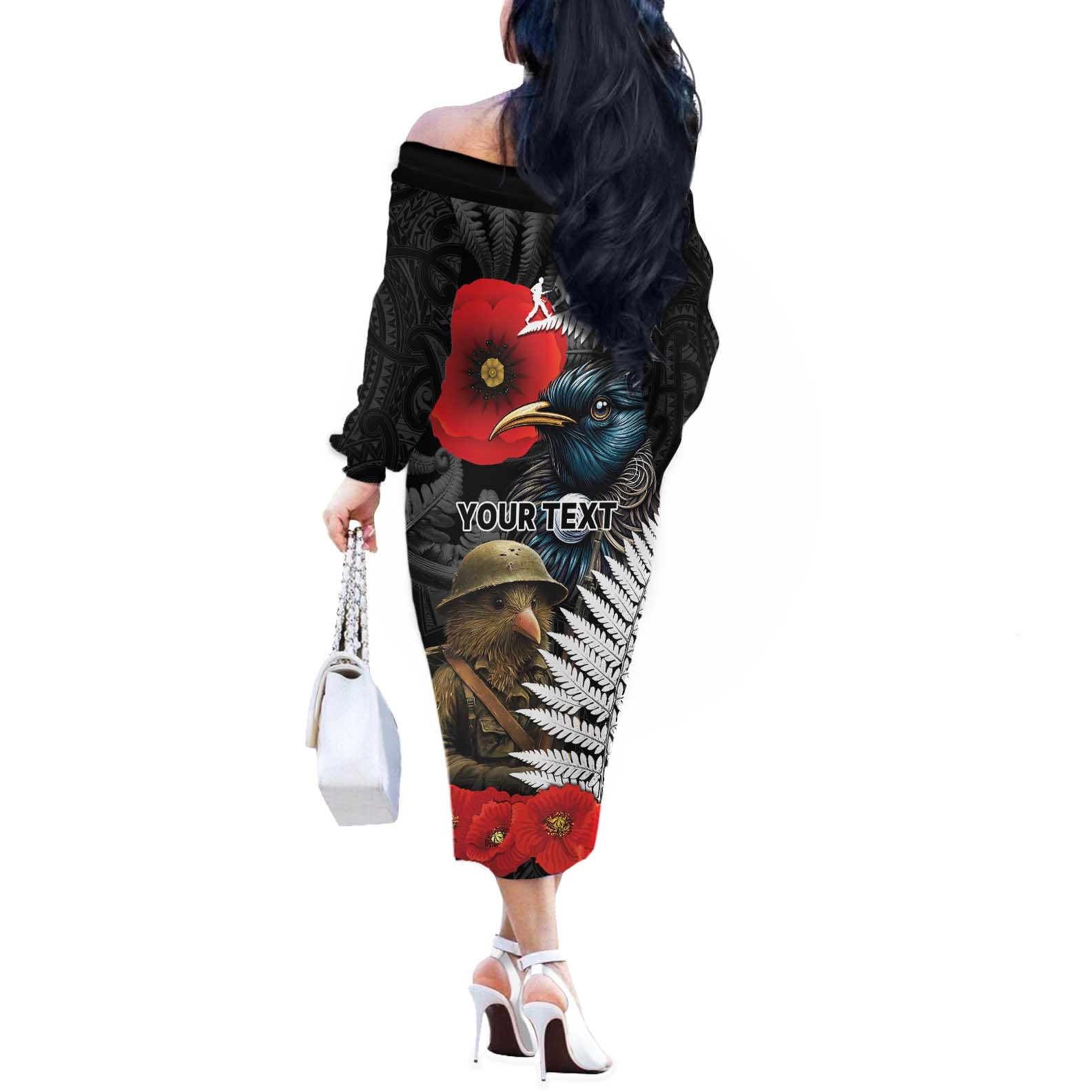 Kiwi-Tui Bird Soldier ANZAC Day Personalised Off The Shoulder Long Sleeve Dress Maori Silver Fern Motif