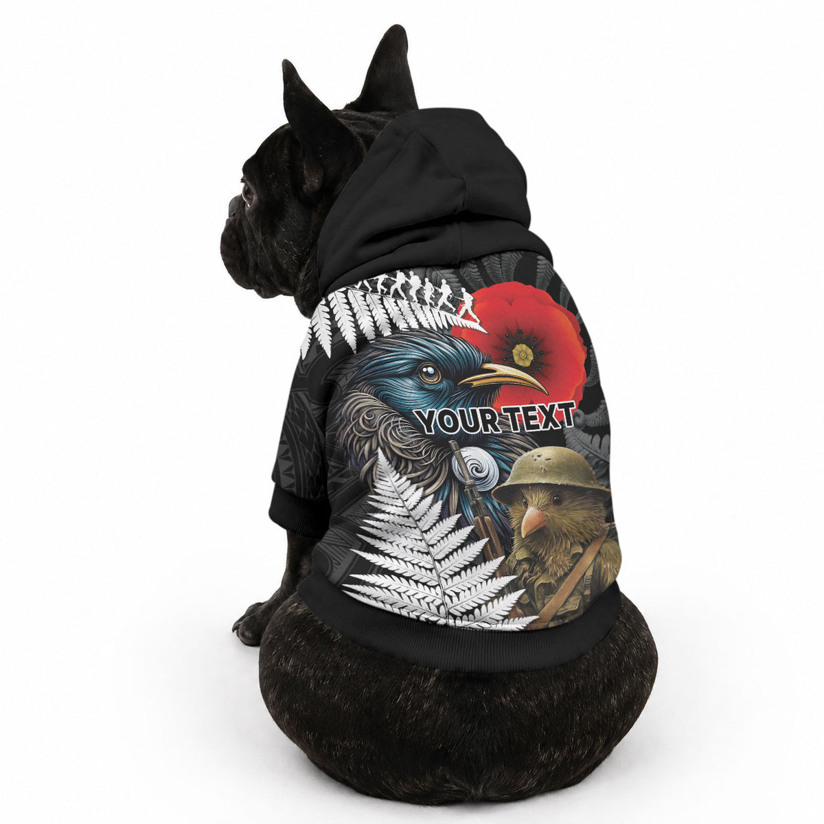 Kiwi-Tui Bird Soldier ANZAC Day Personalised Pet Hoodie Maori Silver Fern Motif