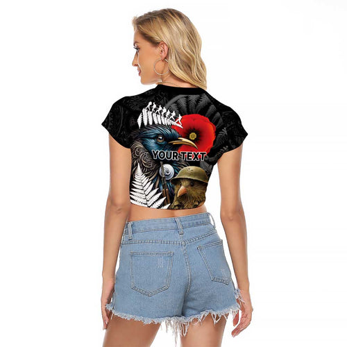 Kiwi-Tui Bird Soldier ANZAC Day Personalised Raglan Cropped T Shirt Maori Silver Fern Motif