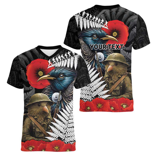 Kiwi-Tui Bird Soldier ANZAC Day Personalised Women V-Neck T-Shirt Maori Silver Fern Motif