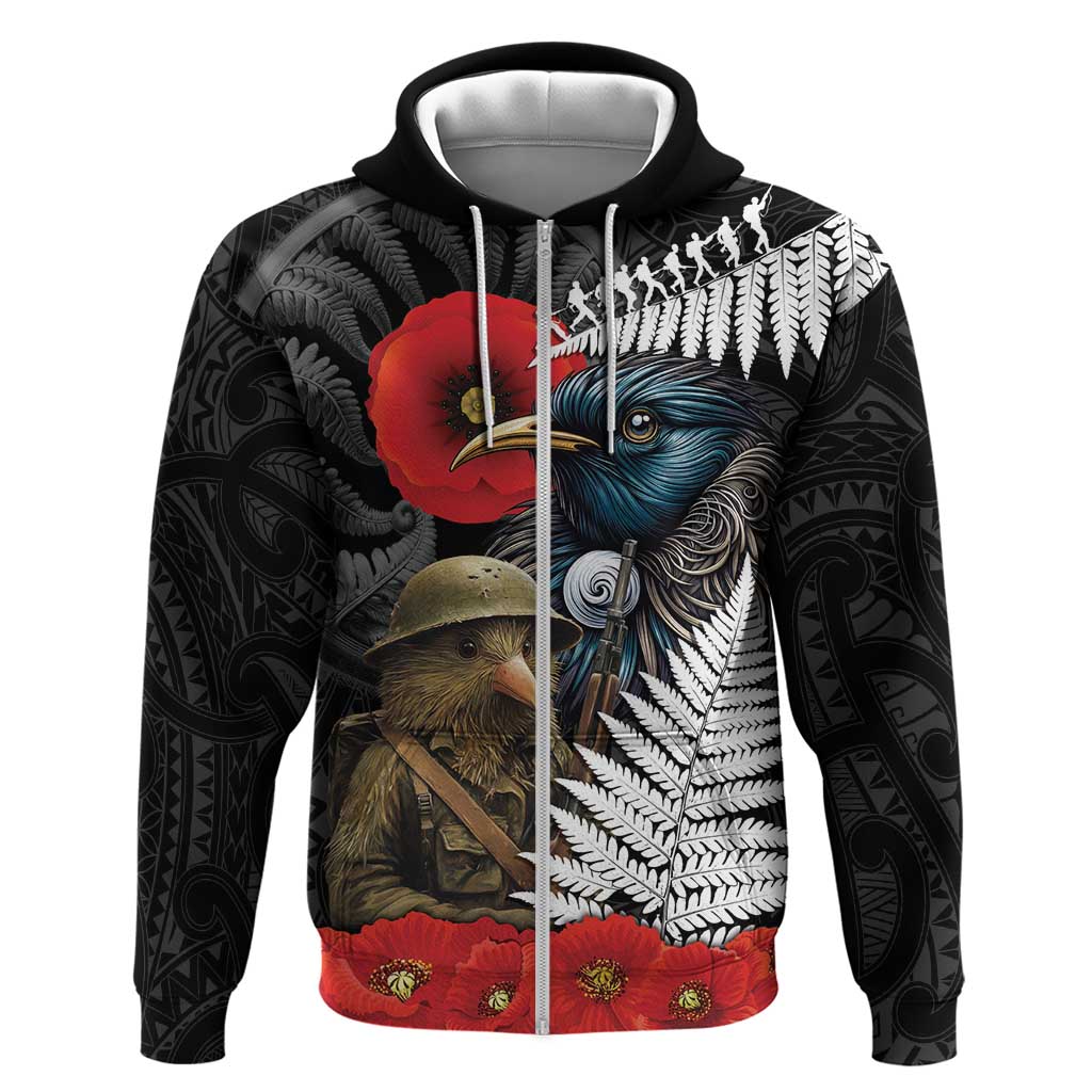 Kiwi-Tui Bird Soldier ANZAC Day Personalised Zip Hoodie Maori Silver Fern Motif