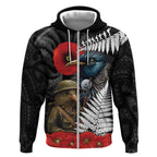 Kiwi-Tui Bird Soldier ANZAC Day Personalised Zip Hoodie Maori Silver Fern Motif