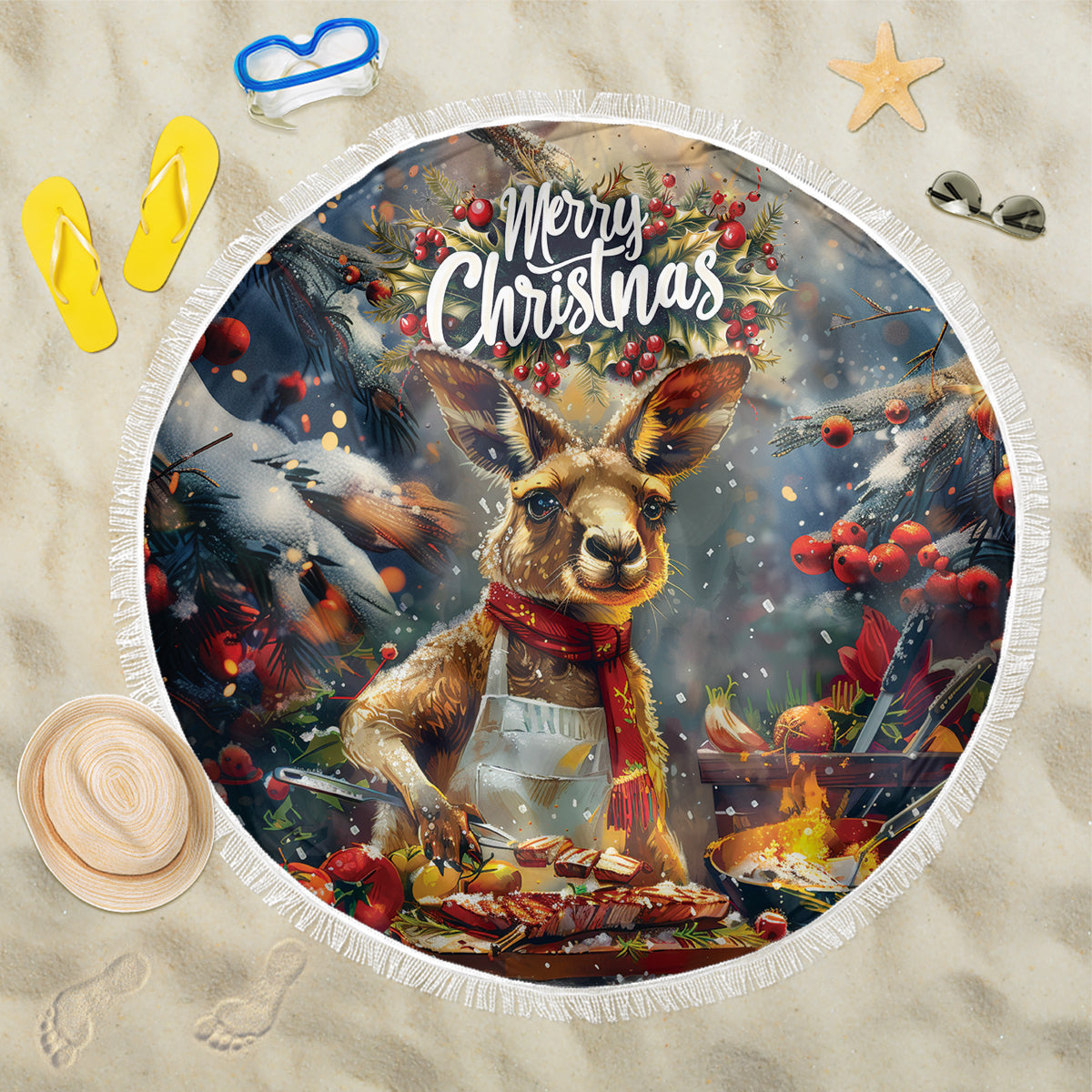 Kangaroo Chef Christmas in July Beach Blanket