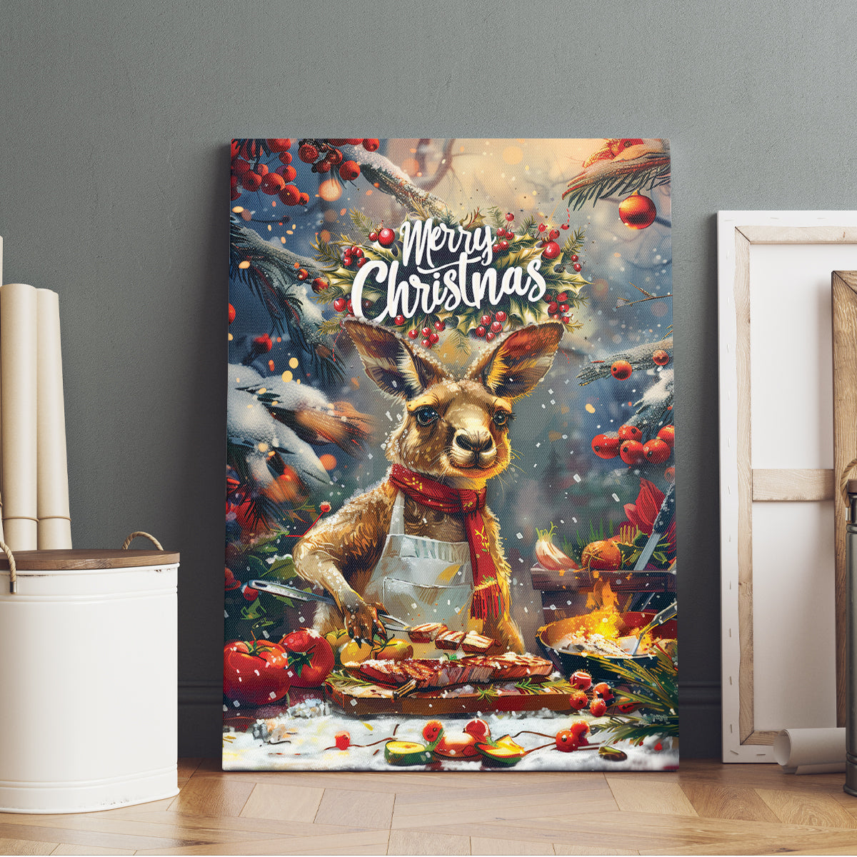 Kangaroo Chef Christmas in July Canvas Wall Art