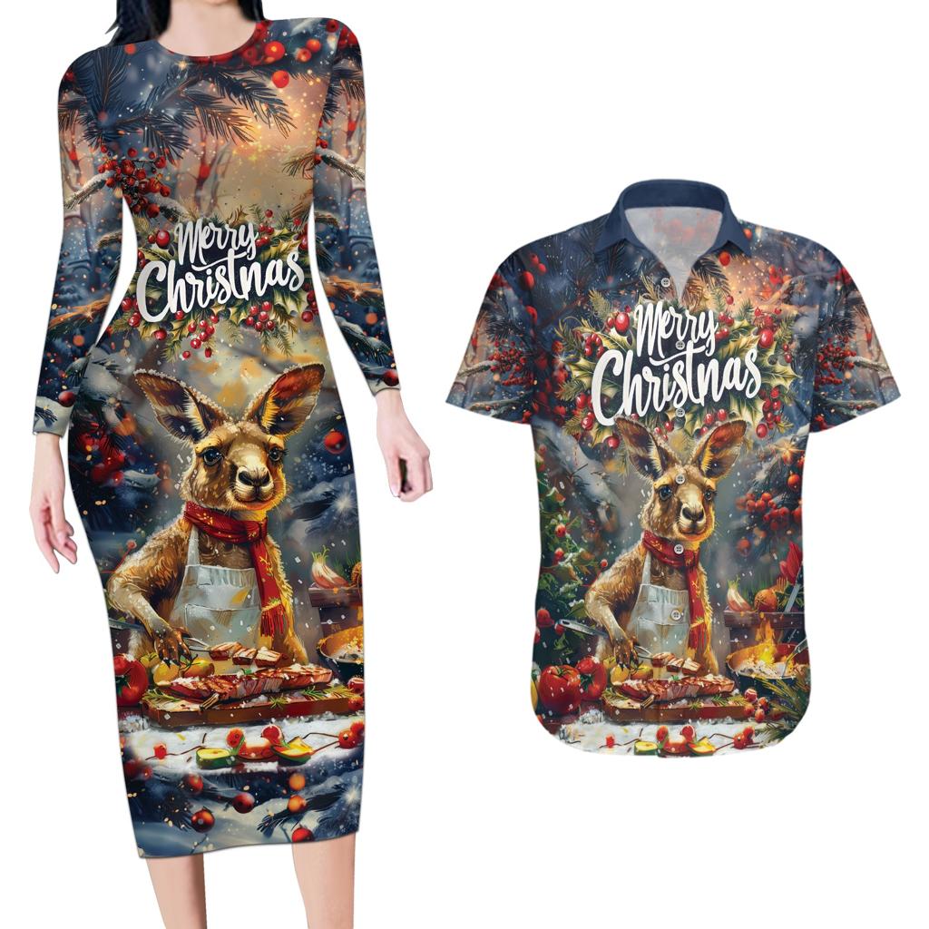 Personalised Kangaroo Chef Christmas in July Couples Matching Long Sleeve Bodycon Dress and Hawaiian Shirt