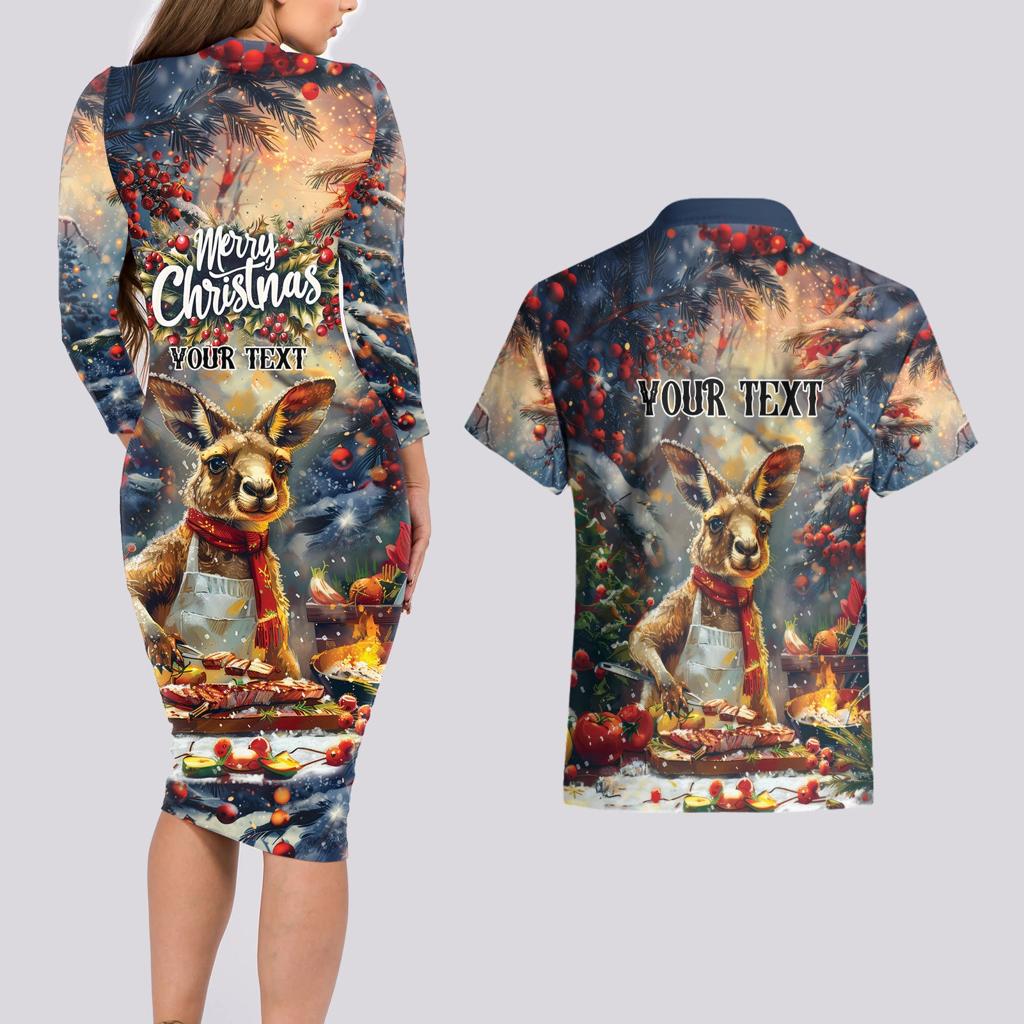 Personalised Kangaroo Chef Christmas in July Couples Matching Long Sleeve Bodycon Dress and Hawaiian Shirt
