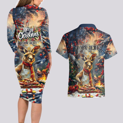 Personalised Kangaroo Chef Christmas in July Couples Matching Long Sleeve Bodycon Dress and Hawaiian Shirt