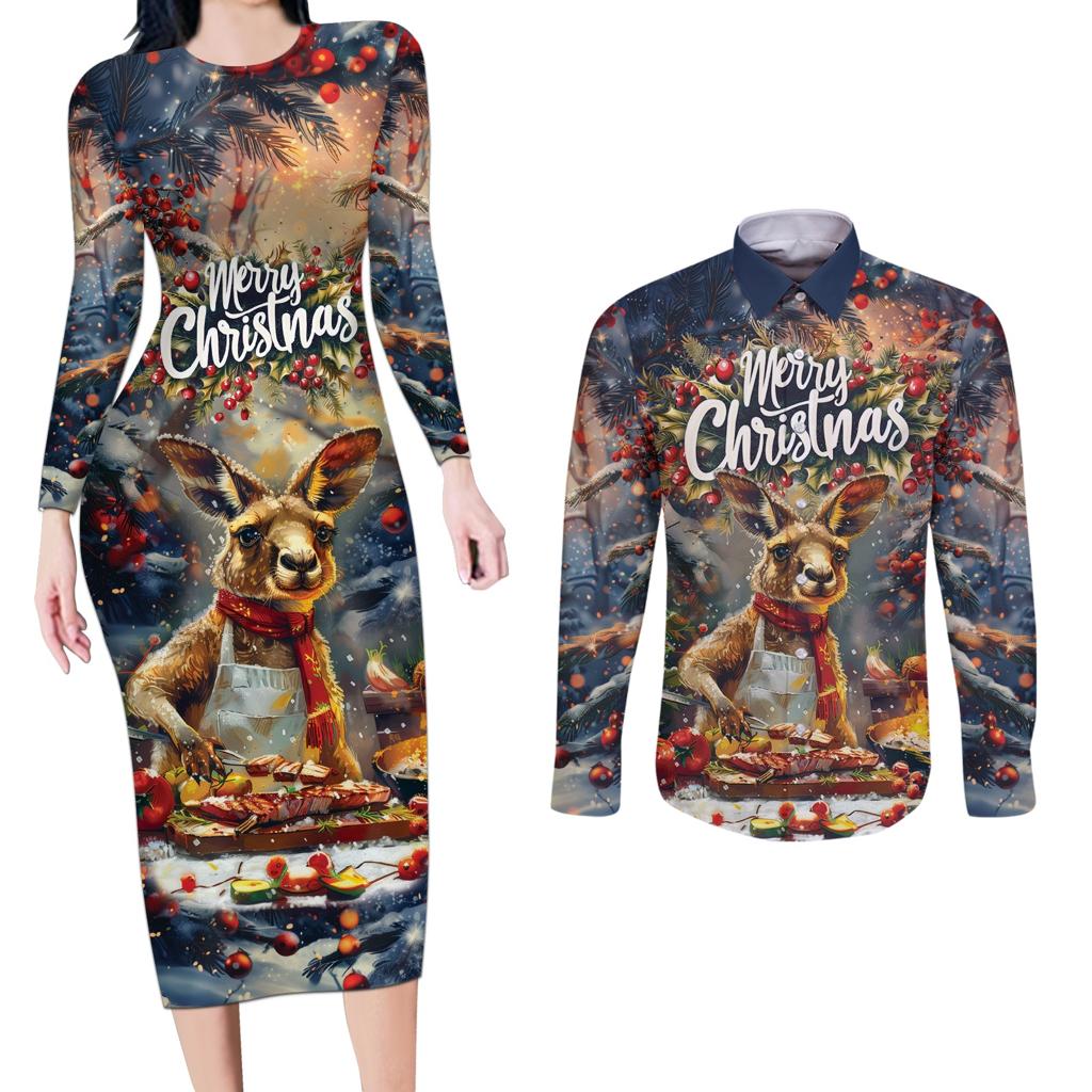 Personalised Kangaroo Chef Christmas in July Couples Matching Long Sleeve Bodycon Dress and Long Sleeve Button Shirt