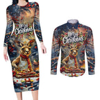 Personalised Kangaroo Chef Christmas in July Couples Matching Long Sleeve Bodycon Dress and Long Sleeve Button Shirt