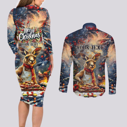 Personalised Kangaroo Chef Christmas in July Couples Matching Long Sleeve Bodycon Dress and Long Sleeve Button Shirt