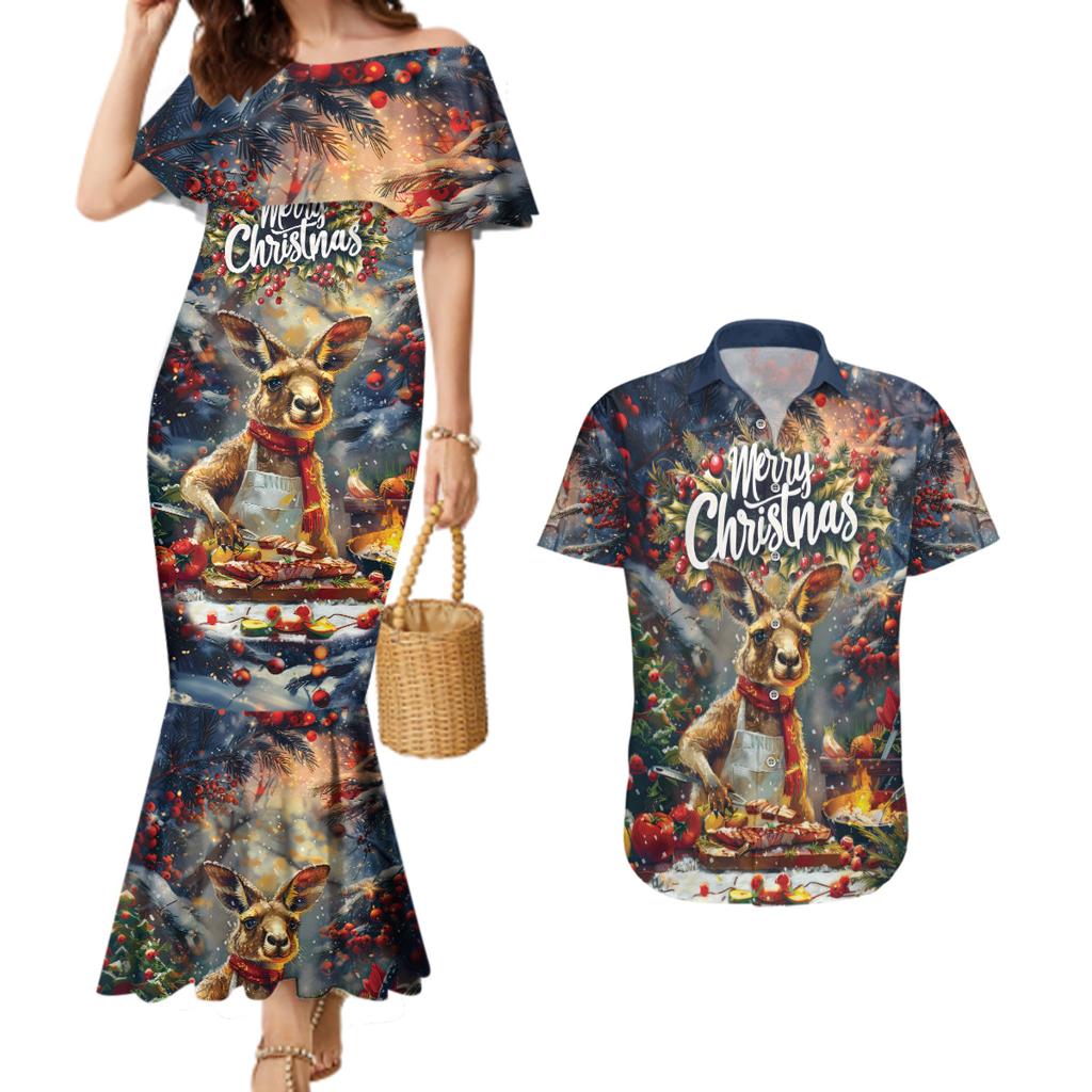 Personalised Kangaroo Chef Christmas in July Couples Matching Mermaid Dress and Hawaiian Shirt
