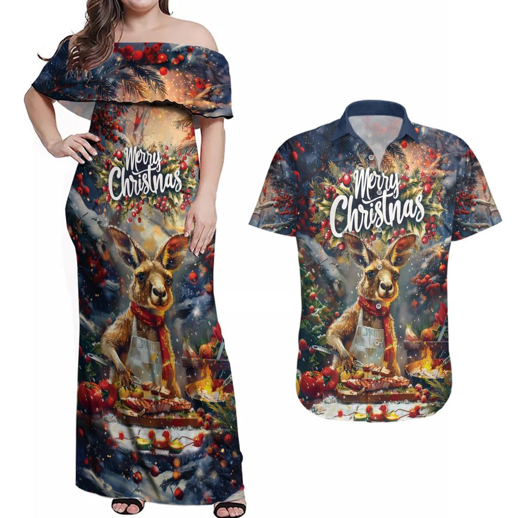 Personalised Kangaroo Chef Christmas in July Couples Matching Off Shoulder Maxi Dress and Hawaiian Shirt
