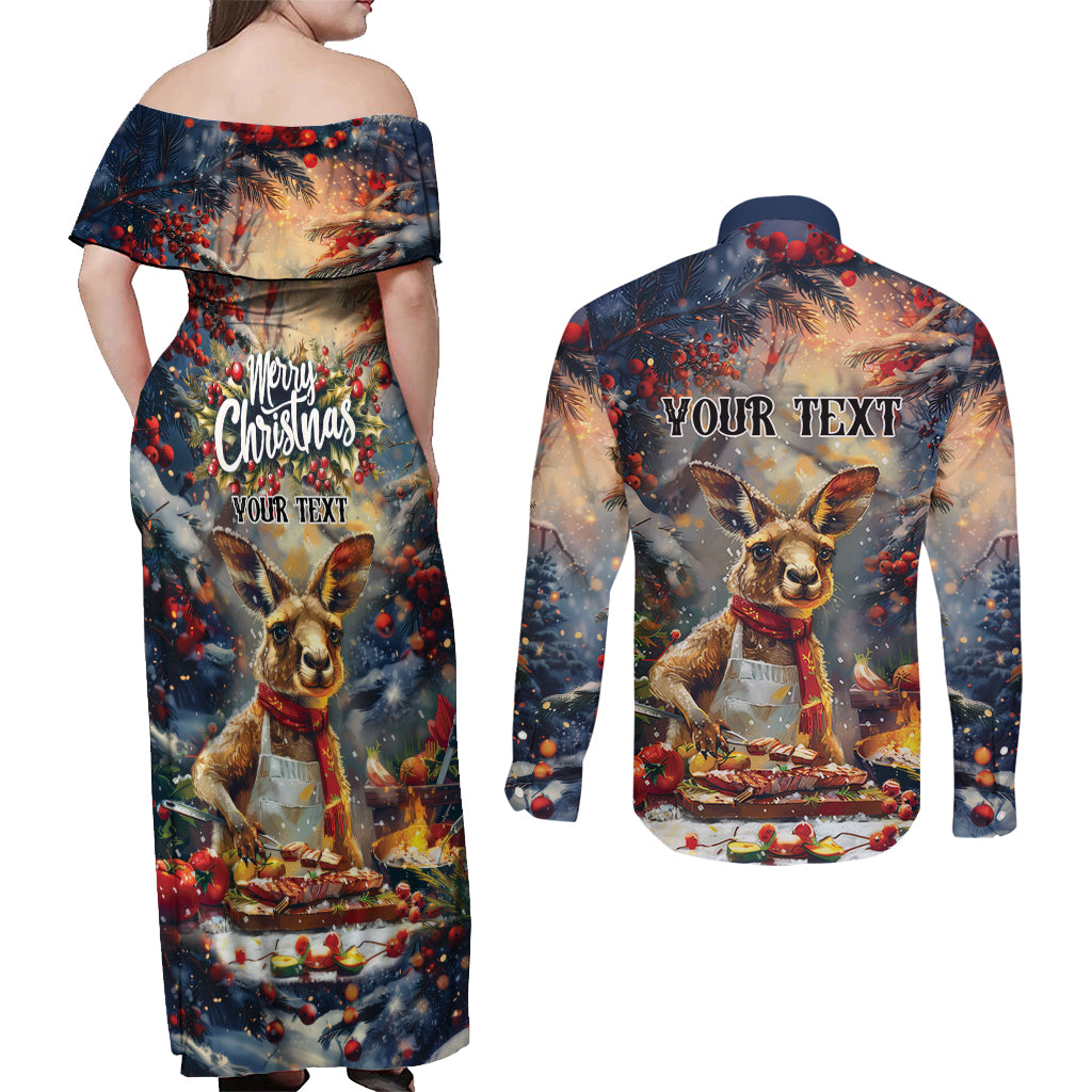 Personalised Kangaroo Chef Christmas in July Couples Matching Off Shoulder Maxi Dress and Long Sleeve Button Shirt