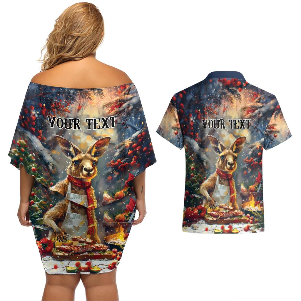 Personalised Kangaroo Chef Christmas in July Couples Matching Off Shoulder Short Dress and Hawaiian Shirt
