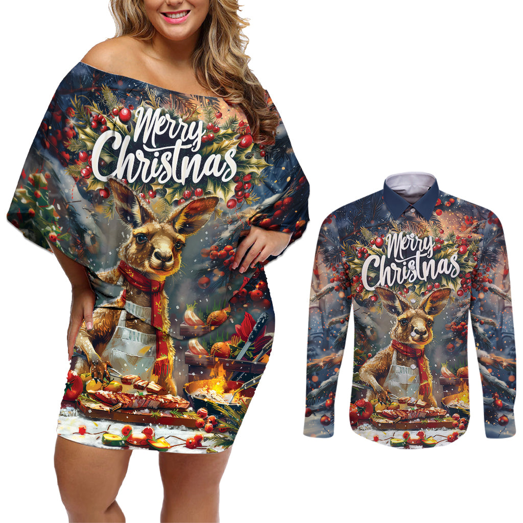 Personalised Kangaroo Chef Christmas in July Couples Matching Off Shoulder Short Dress and Long Sleeve Button Shirt