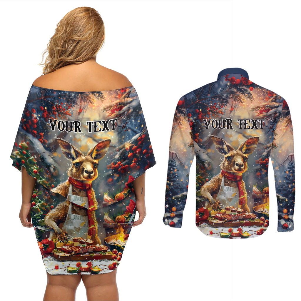 Personalised Kangaroo Chef Christmas in July Couples Matching Off Shoulder Short Dress and Long Sleeve Button Shirt