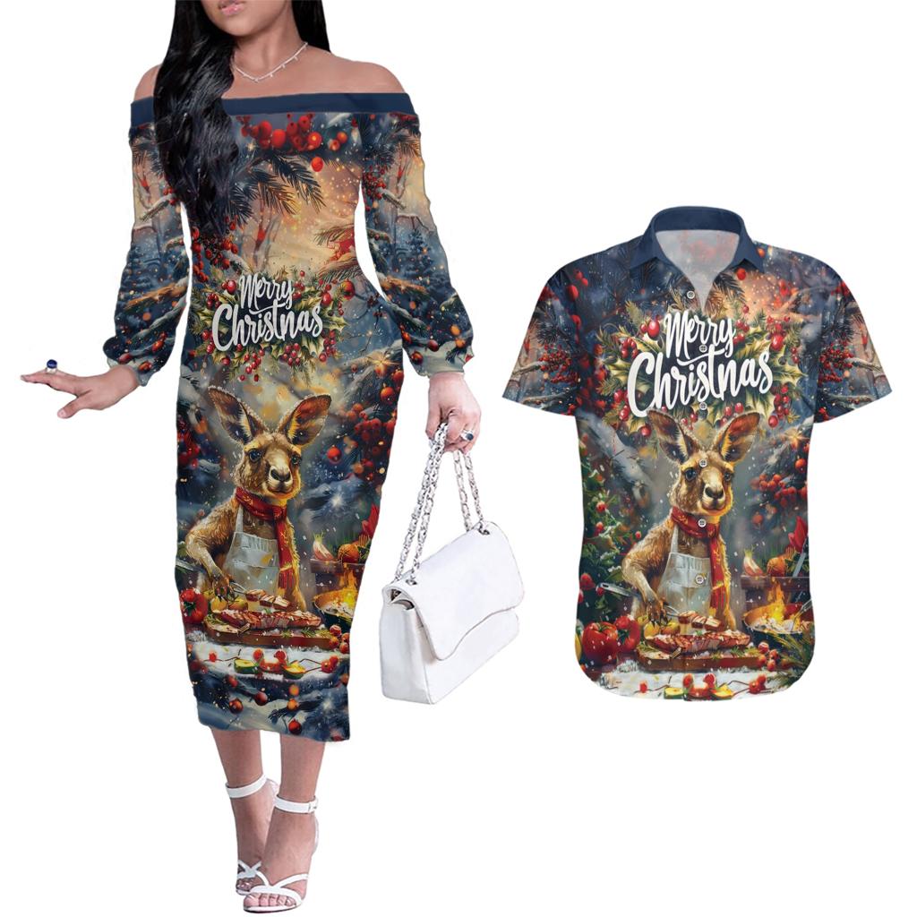 Personalised Kangaroo Chef Christmas in July Couples Matching Off The Shoulder Long Sleeve Dress and Hawaiian Shirt