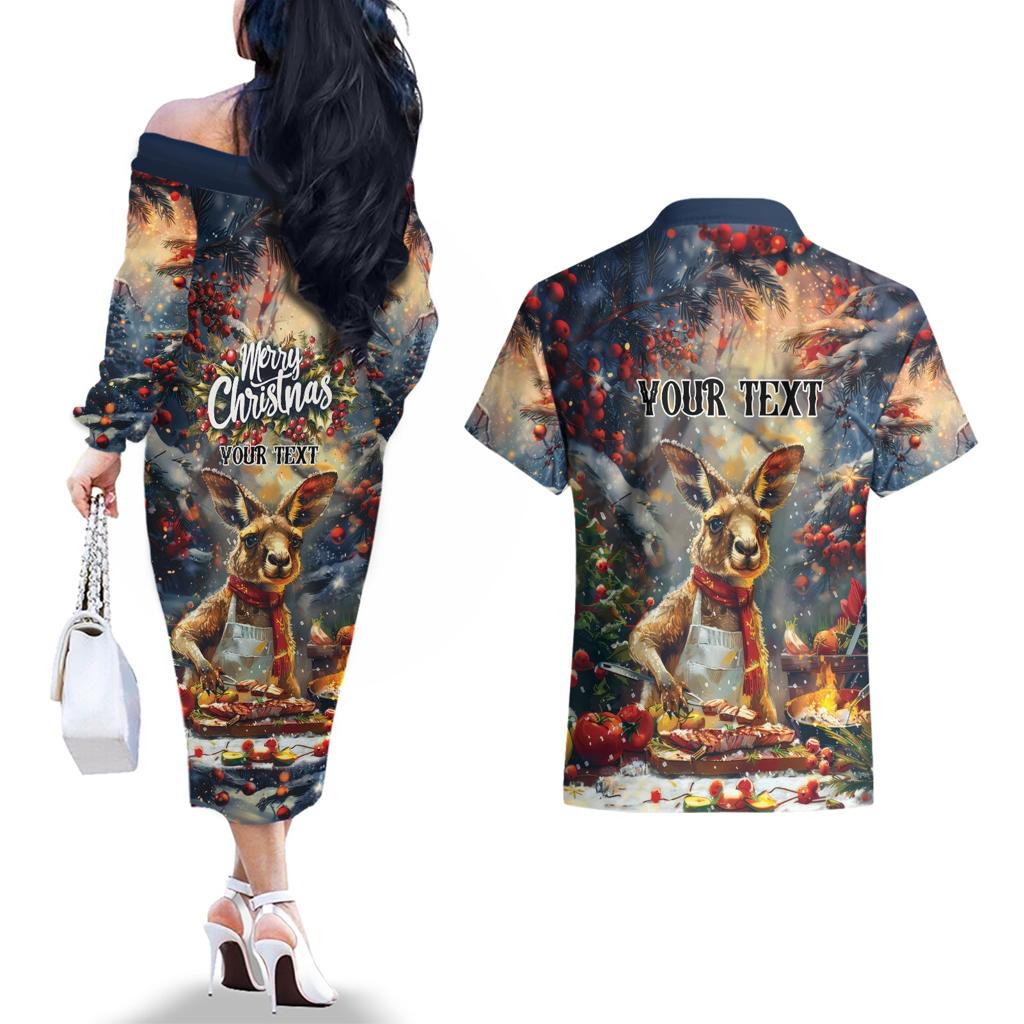 Personalised Kangaroo Chef Christmas in July Couples Matching Off The Shoulder Long Sleeve Dress and Hawaiian Shirt