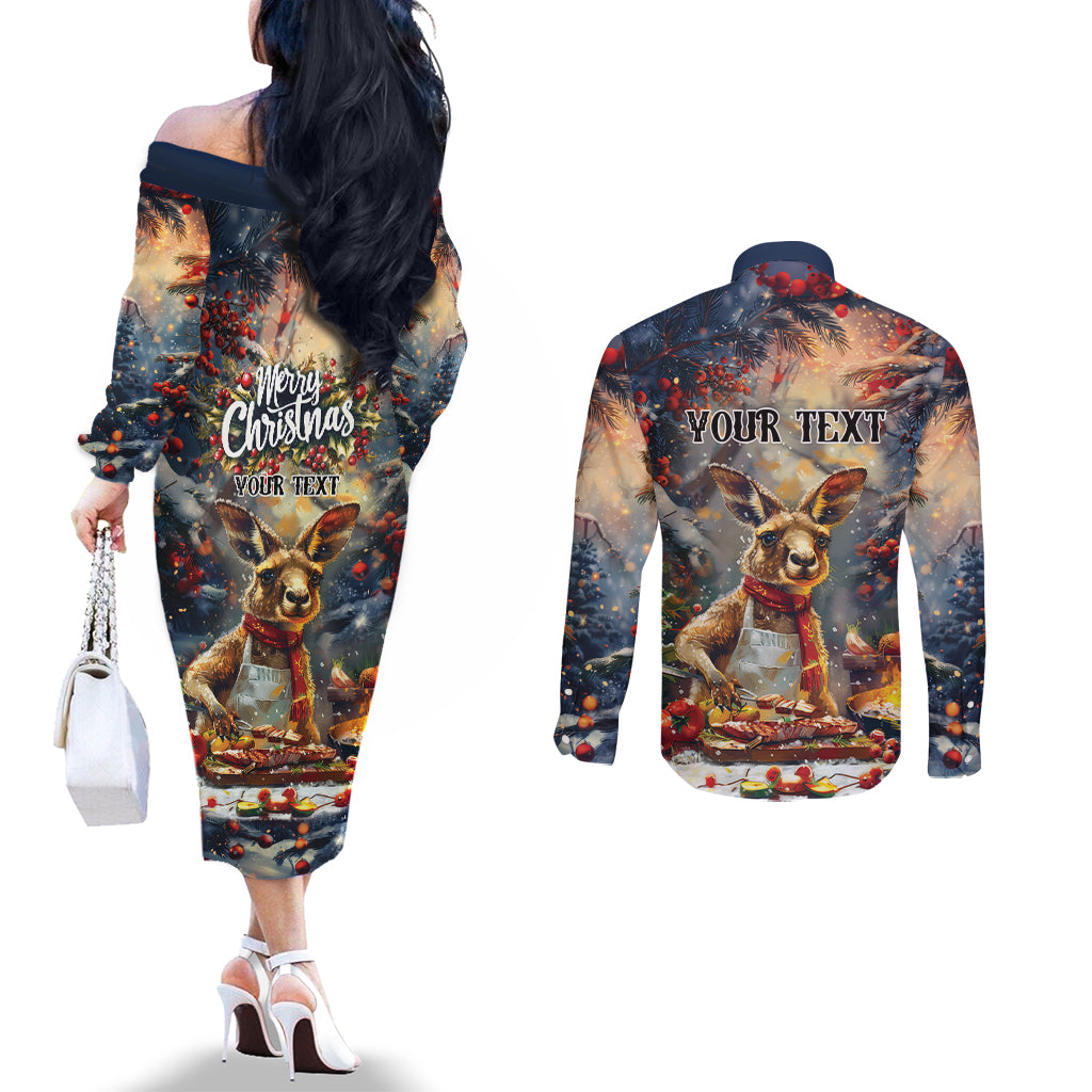 Personalised Kangaroo Chef Christmas in July Couples Matching Off The Shoulder Long Sleeve Dress and Long Sleeve Button Shirt