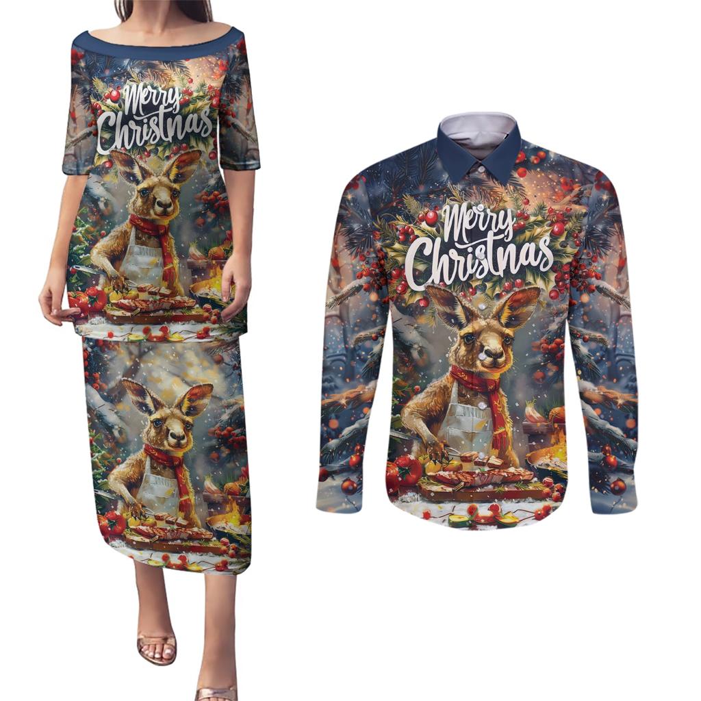 Personalised Kangaroo Chef Christmas in July Couples Matching Puletasi and Long Sleeve Button Shirt