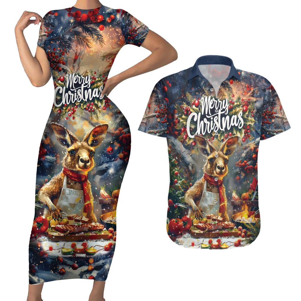 Personalised Kangaroo Chef Christmas in July Couples Matching Short Sleeve Bodycon Dress and Hawaiian Shirt
