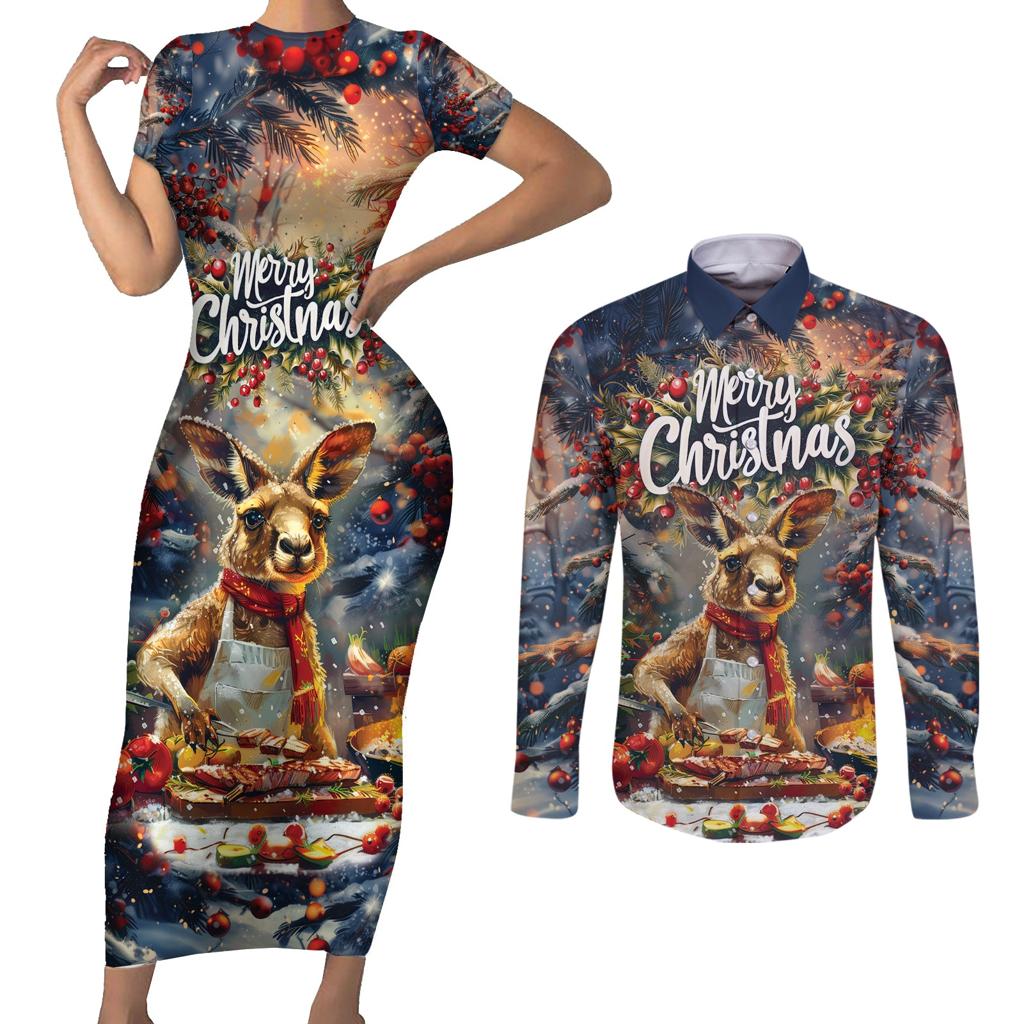 Personalised Kangaroo Chef Christmas in July Couples Matching Short Sleeve Bodycon Dress and Long Sleeve Button Shirt