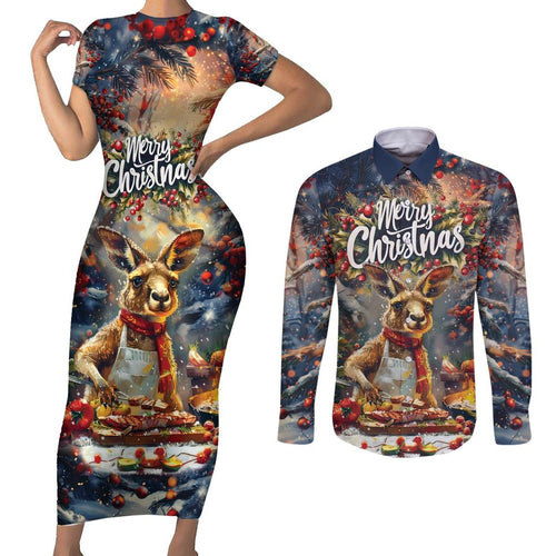 Personalised Kangaroo Chef Christmas in July Couples Matching Short Sleeve Bodycon Dress and Long Sleeve Button Shirt