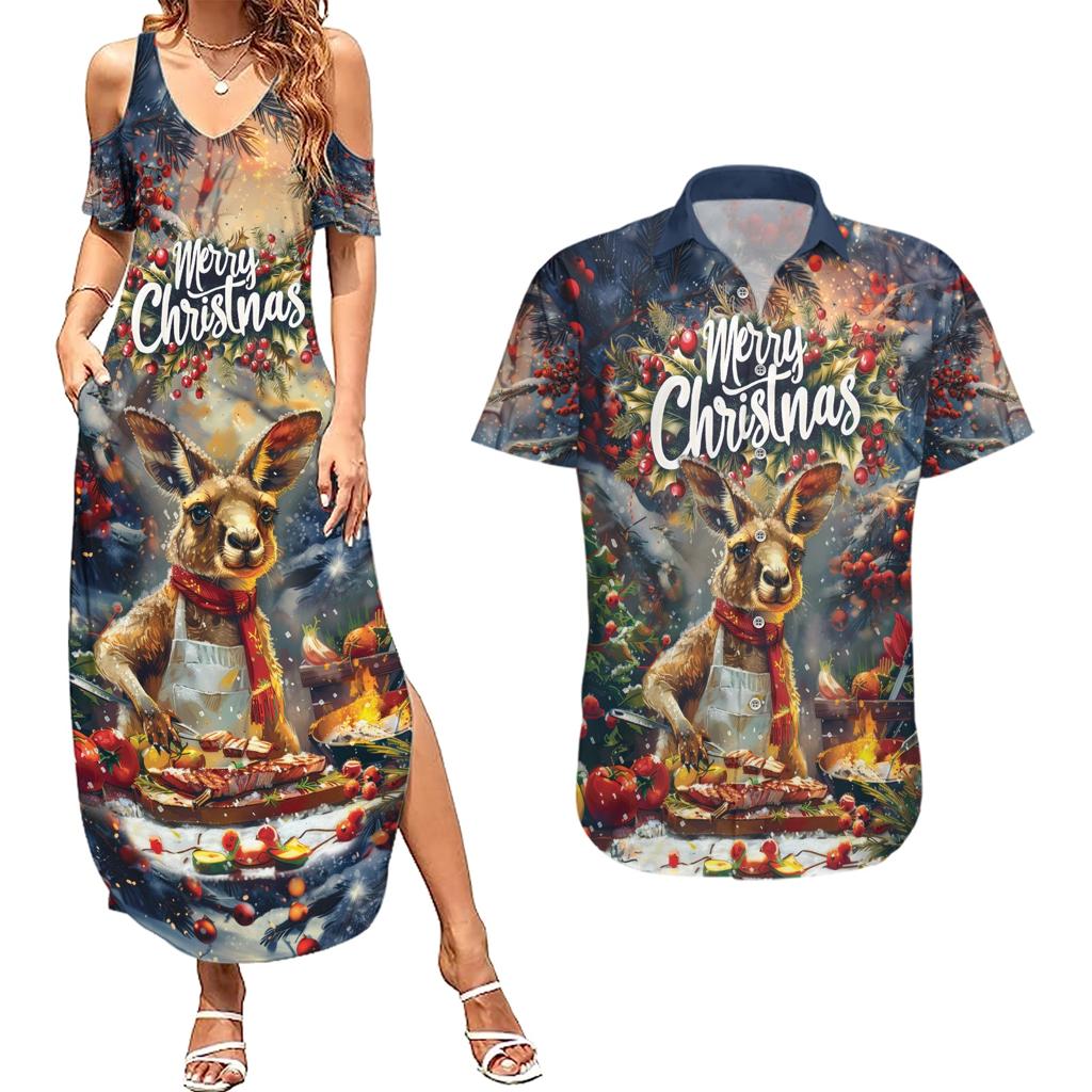Personalised Kangaroo Chef Christmas in July Couples Matching Summer Maxi Dress and Hawaiian Shirt