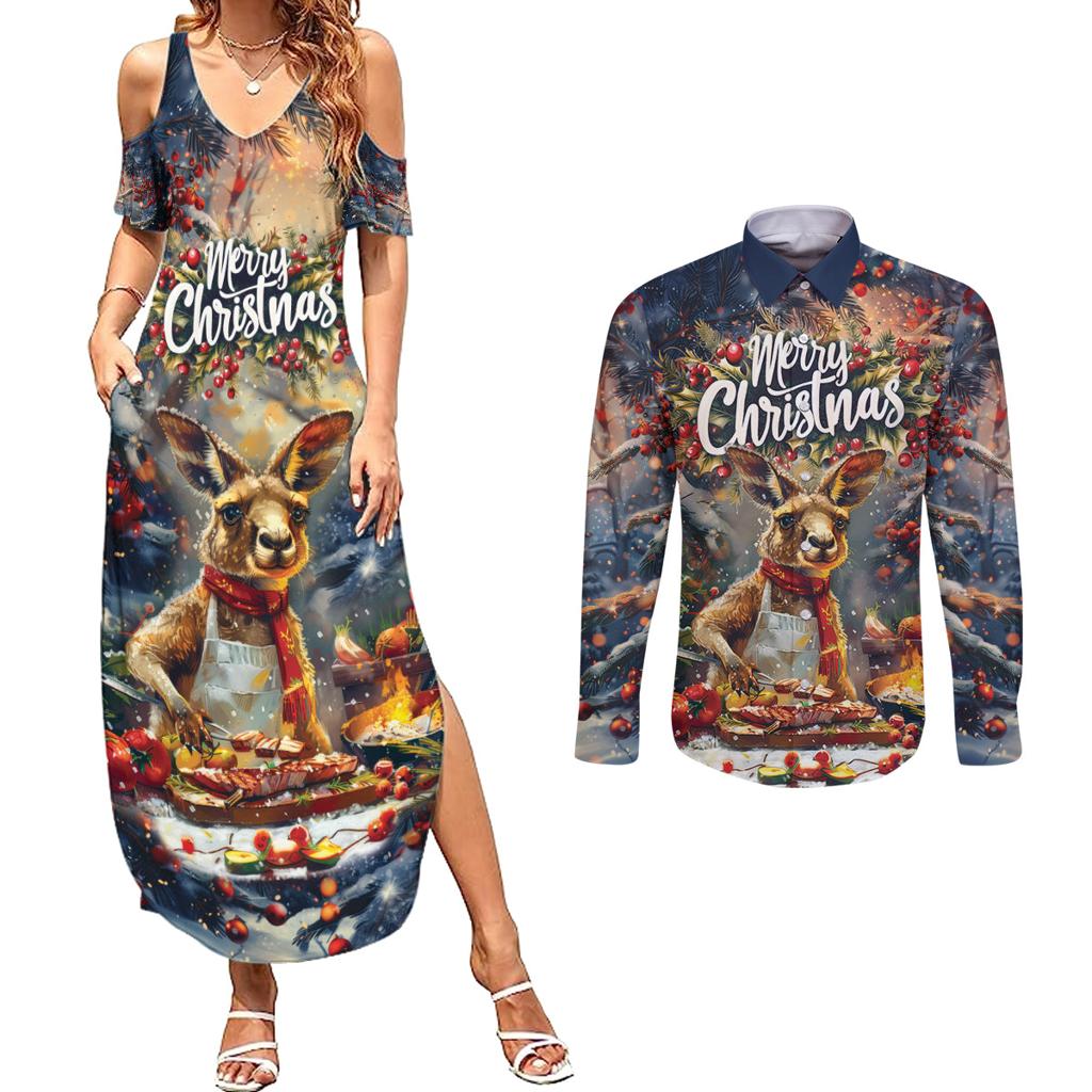 Personalised Kangaroo Chef Christmas in July Couples Matching Summer Maxi Dress and Long Sleeve Button Shirt