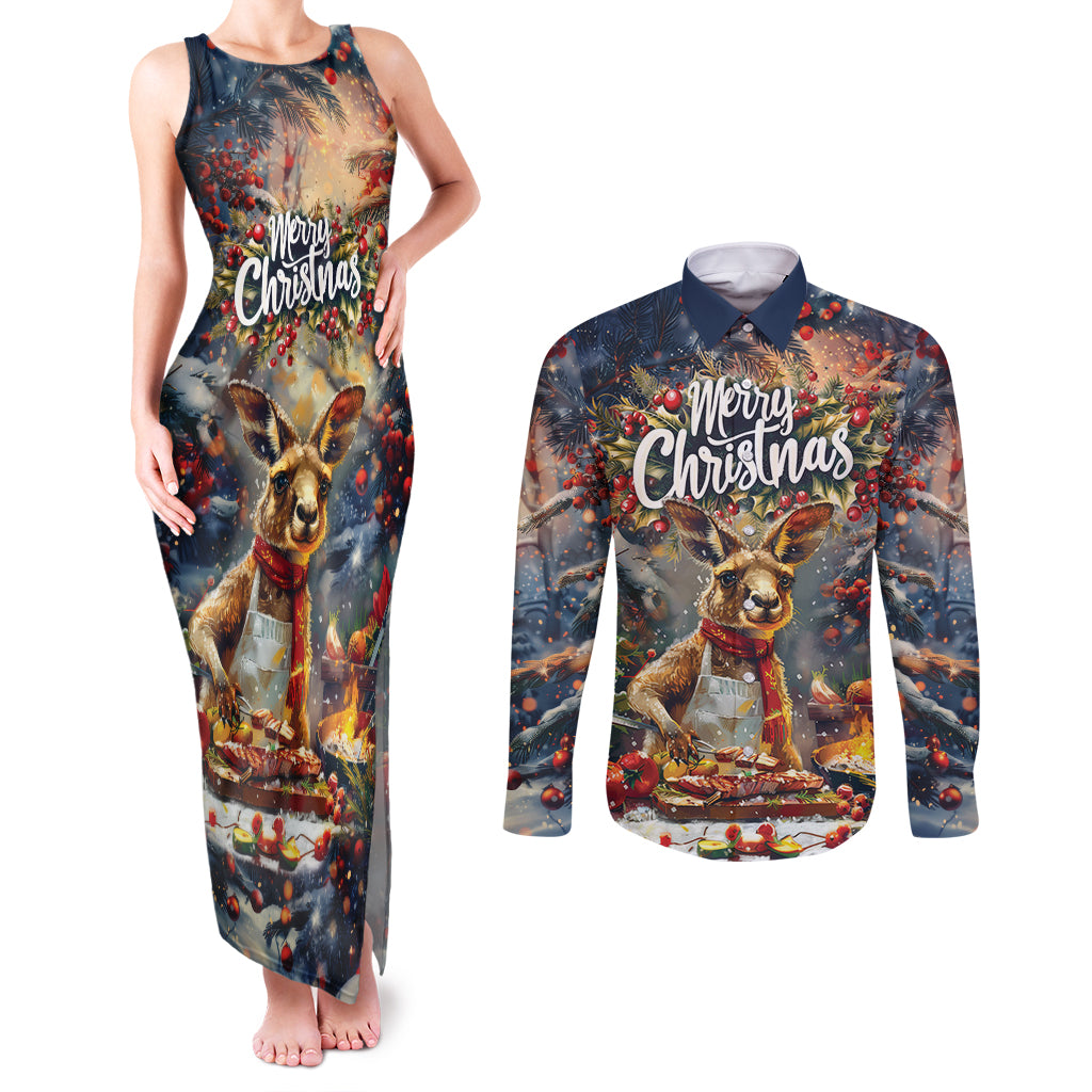 Personalised Kangaroo Chef Christmas in July Couples Matching Tank Maxi Dress and Long Sleeve Button Shirt