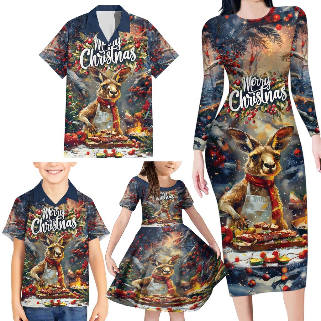 Personalised Kangaroo Chef Christmas in July Family Matching Long Sleeve Bodycon Dress and Hawaiian Shirt