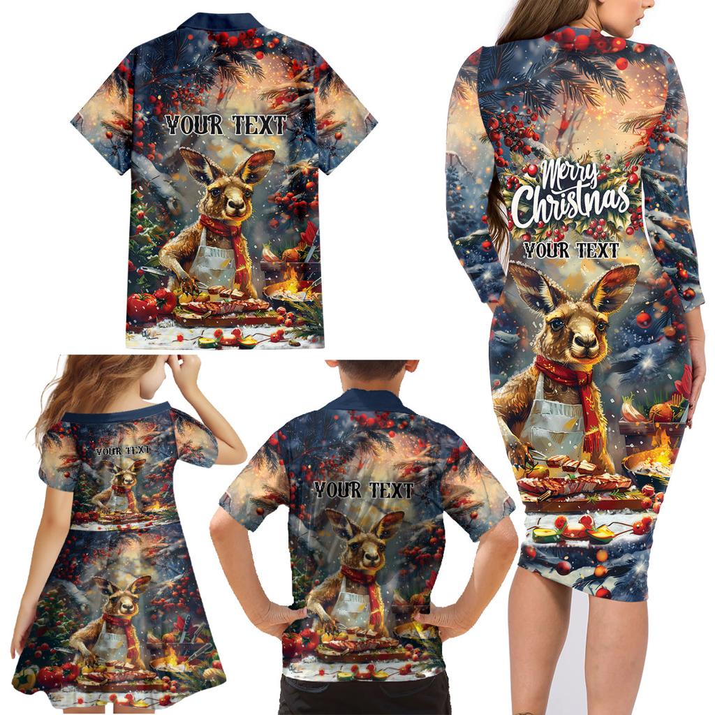 Personalised Kangaroo Chef Christmas in July Family Matching Long Sleeve Bodycon Dress and Hawaiian Shirt