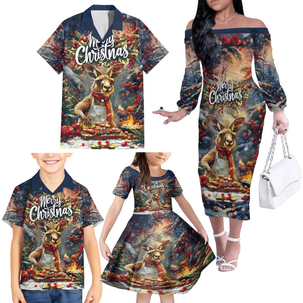 Personalised Kangaroo Chef Christmas in July Family Matching Off The Shoulder Long Sleeve Dress and Hawaiian Shirt