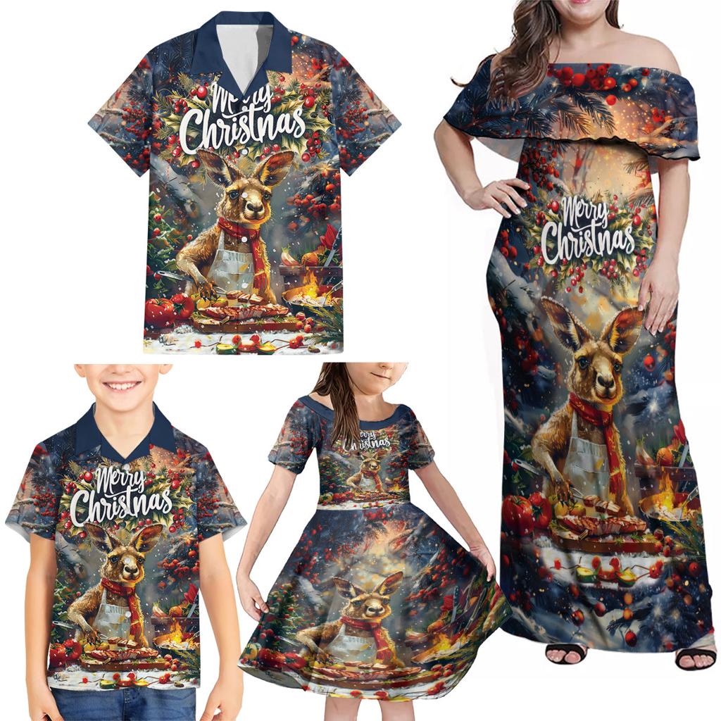 Personalised Kangaroo Chef Christmas in July Family Matching Off Shoulder Maxi Dress and Hawaiian Shirt