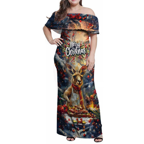 Personalised Kangaroo Chef Christmas in July Family Matching Off Shoulder Maxi Dress and Hawaiian Shirt
