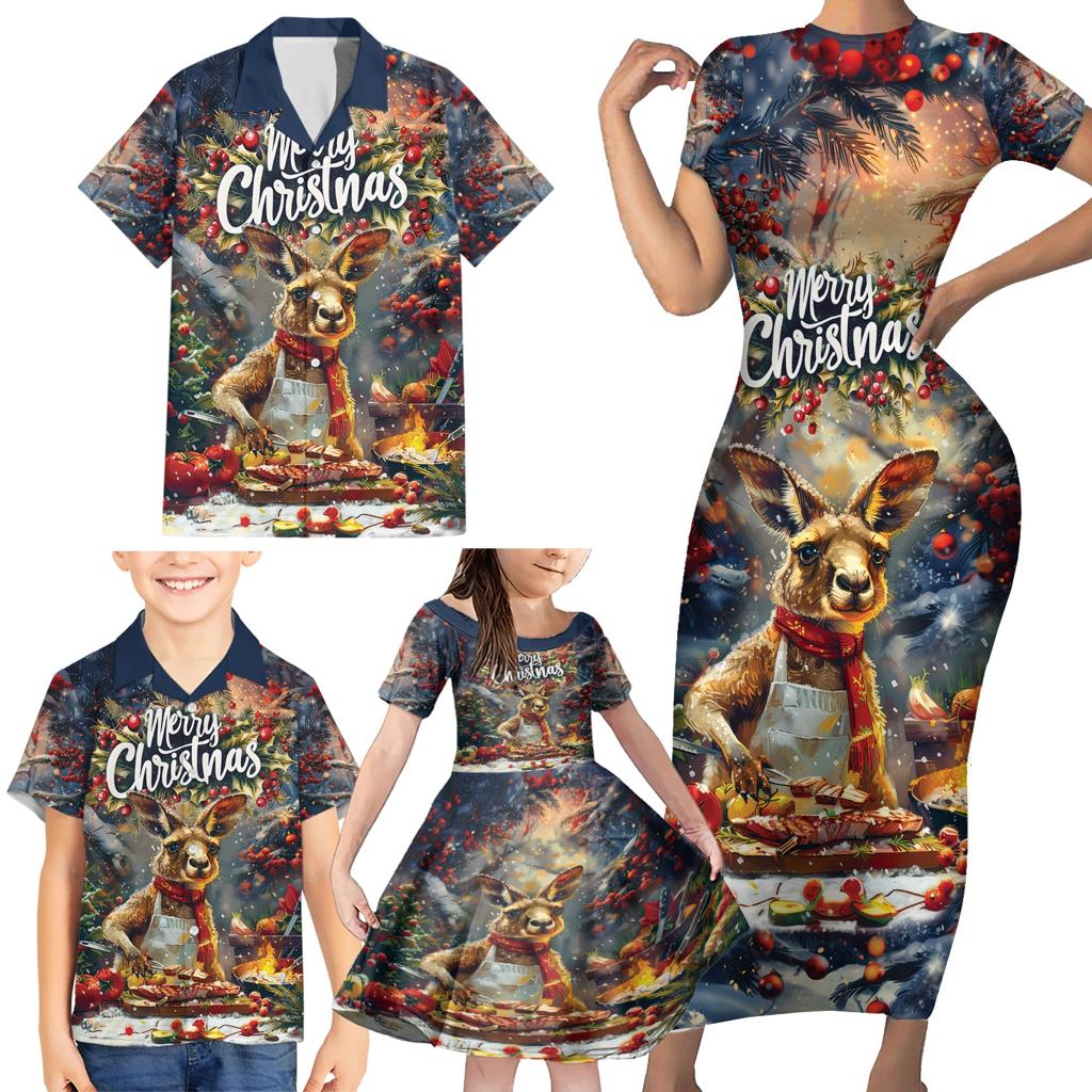 Personalised Kangaroo Chef Christmas in July Family Matching Short Sleeve Bodycon Dress and Hawaiian Shirt