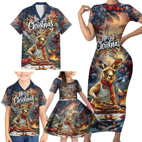 Personalised Kangaroo Chef Christmas in July Family Matching Short Sleeve Bodycon Dress and Hawaiian Shirt