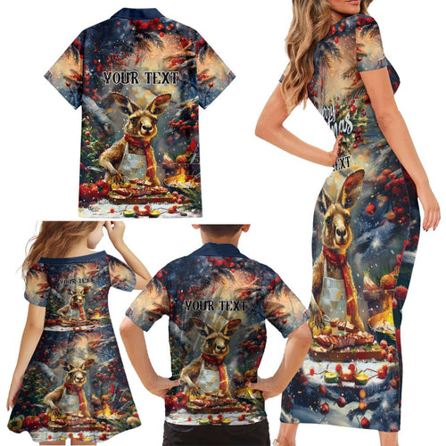 Personalised Kangaroo Chef Christmas in July Family Matching Short Sleeve Bodycon Dress and Hawaiian Shirt