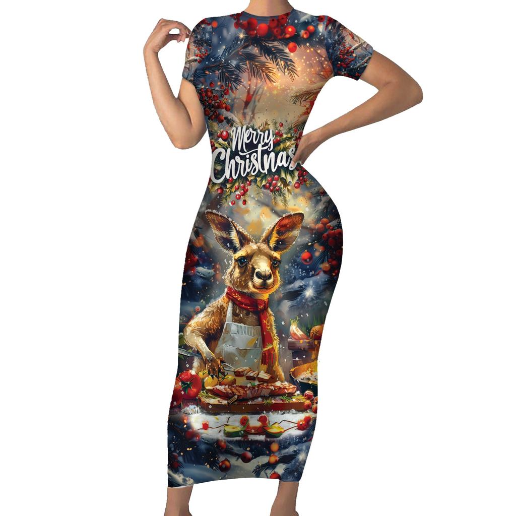 Personalised Kangaroo Chef Christmas in July Family Matching Short Sleeve Bodycon Dress and Hawaiian Shirt
