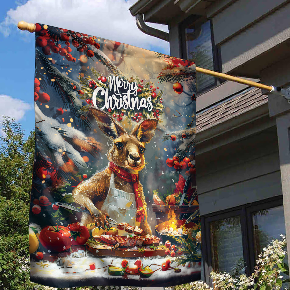 Kangaroo Chef Christmas in July Garden Flag