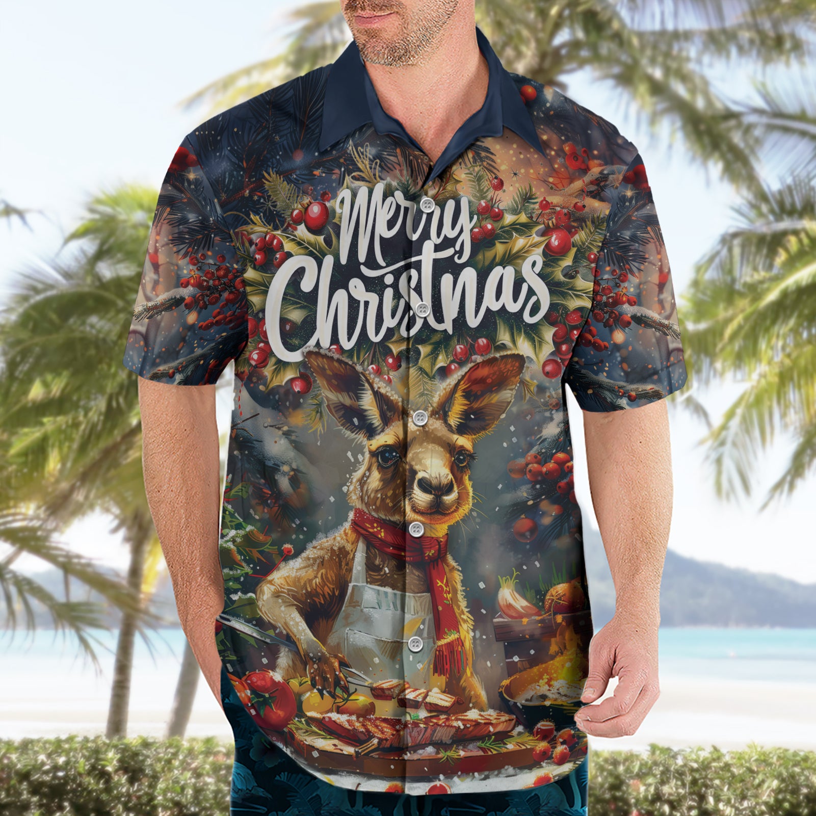 Personalised Kangaroo Chef Christmas in July Hawaiian Shirt
