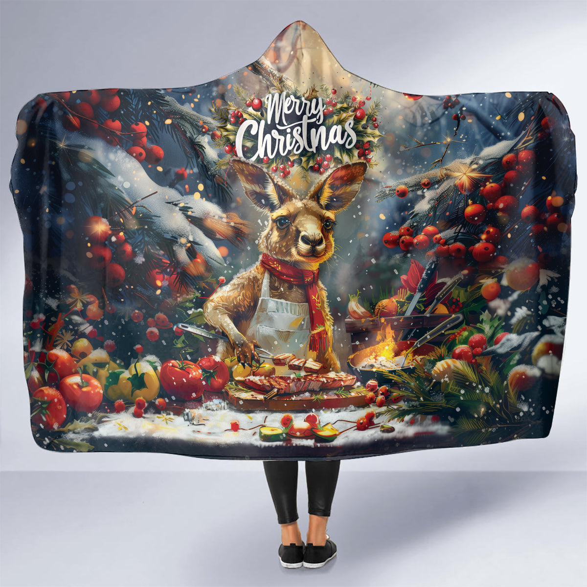 Kangaroo Chef Christmas in July Hooded Blanket