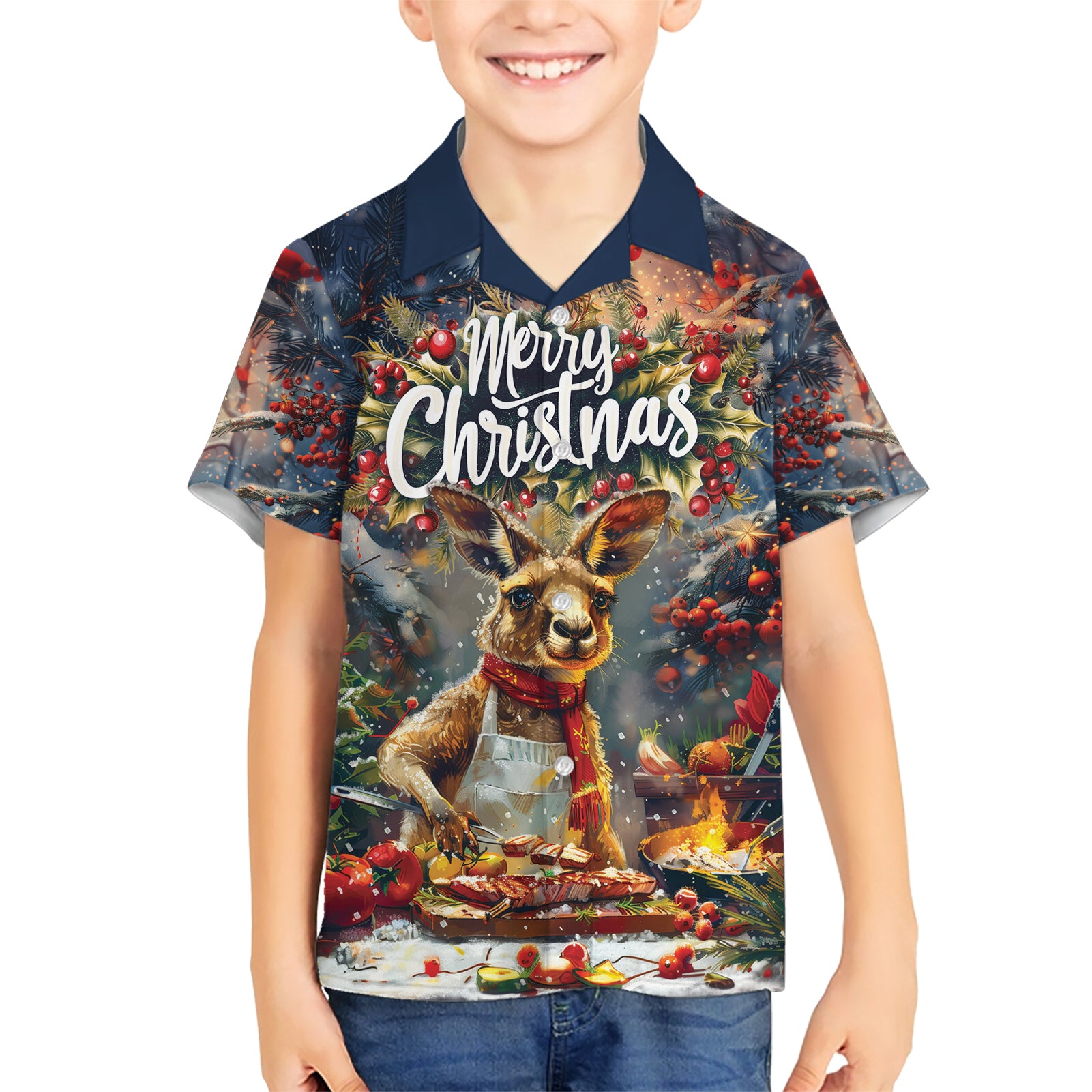 Personalised Kangaroo Chef Christmas in July Kid Hawaiian Shirt