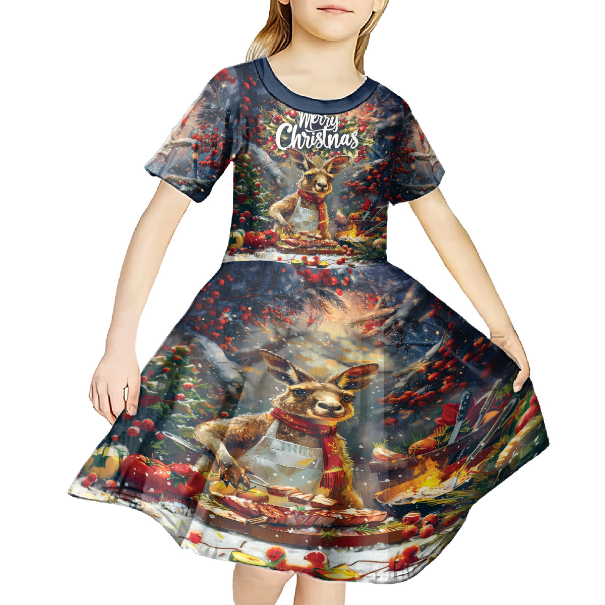Personalised Kangaroo Chef Christmas in July Kid Short Sleeve Dress